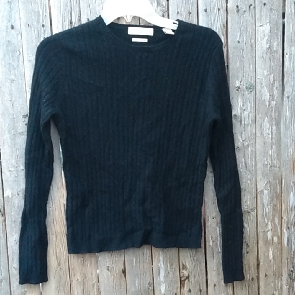 Sexy BLACK PETITE LARGE 100% CASHMERE V NECK RIBBED SWEATER VALERIE STEVENS